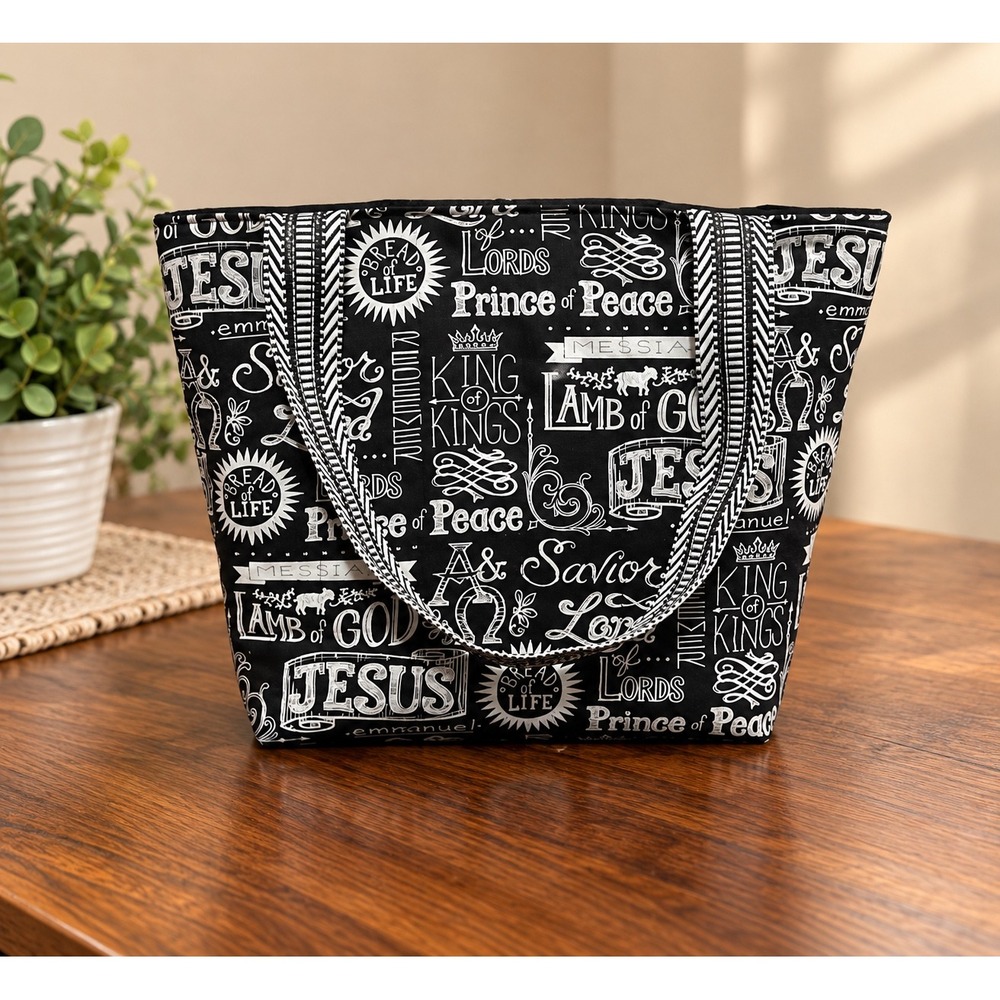 Black White Christian Scripture Tote Bag Jesus Names Religious Everyday Bag